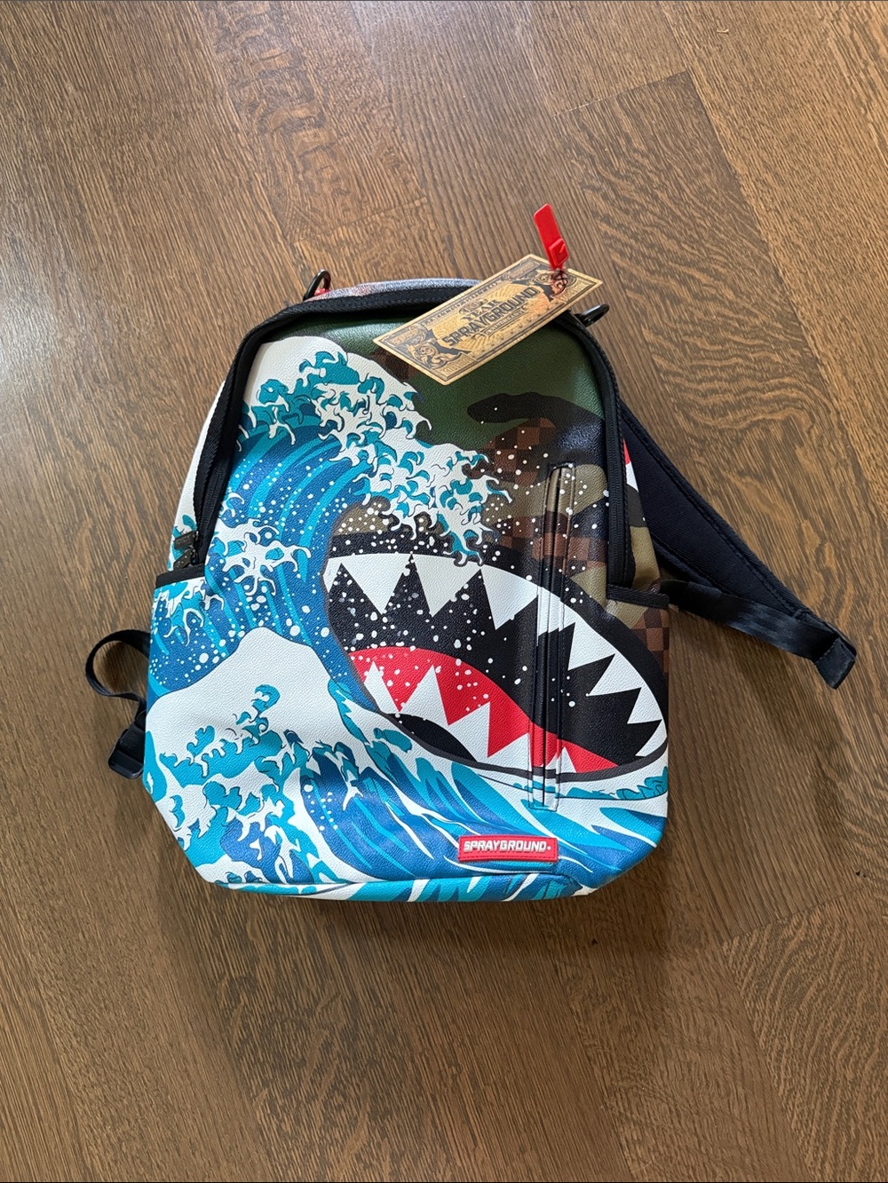 Sprayground Blue Wave Shark-Graphic Backpack with Red Accent